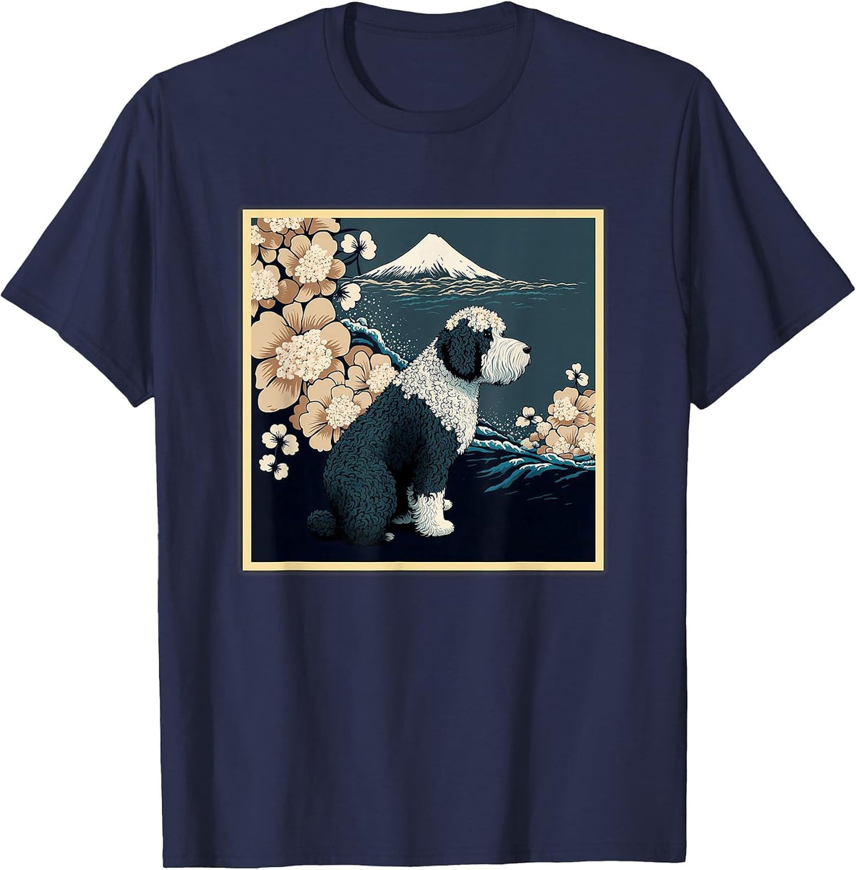 Surrealism Japanese Painting Sheepadoodle Dog T-Shirt - Navy Blue