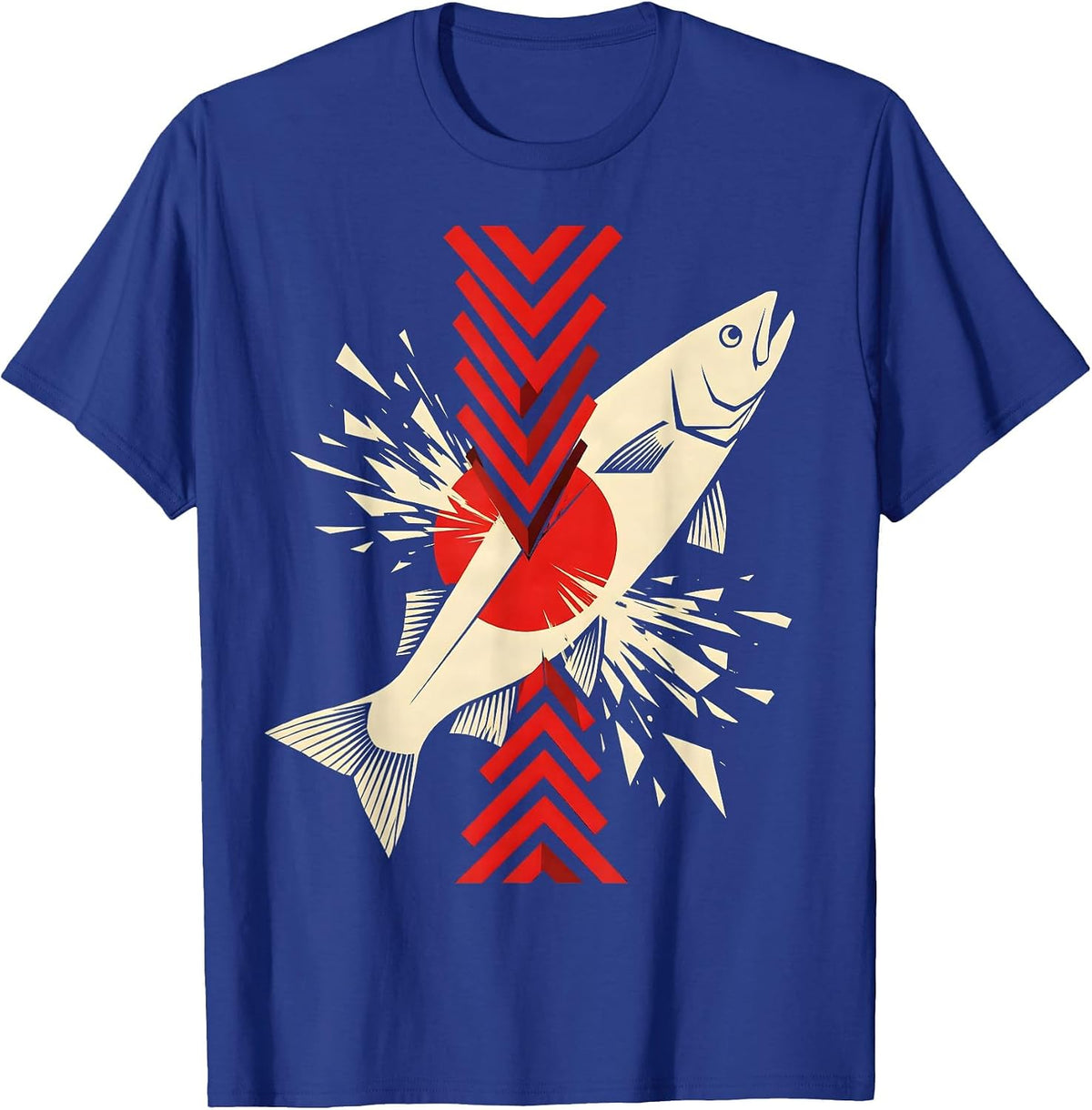 Salmon Leaping Upstream Waterfall Illustration T-Shirt - Royal Blue