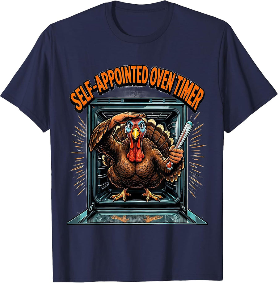 Self-Appointed Oven Timer Pop Art Turkey Humor Thanksgiving T-Shirt - Navy Blue