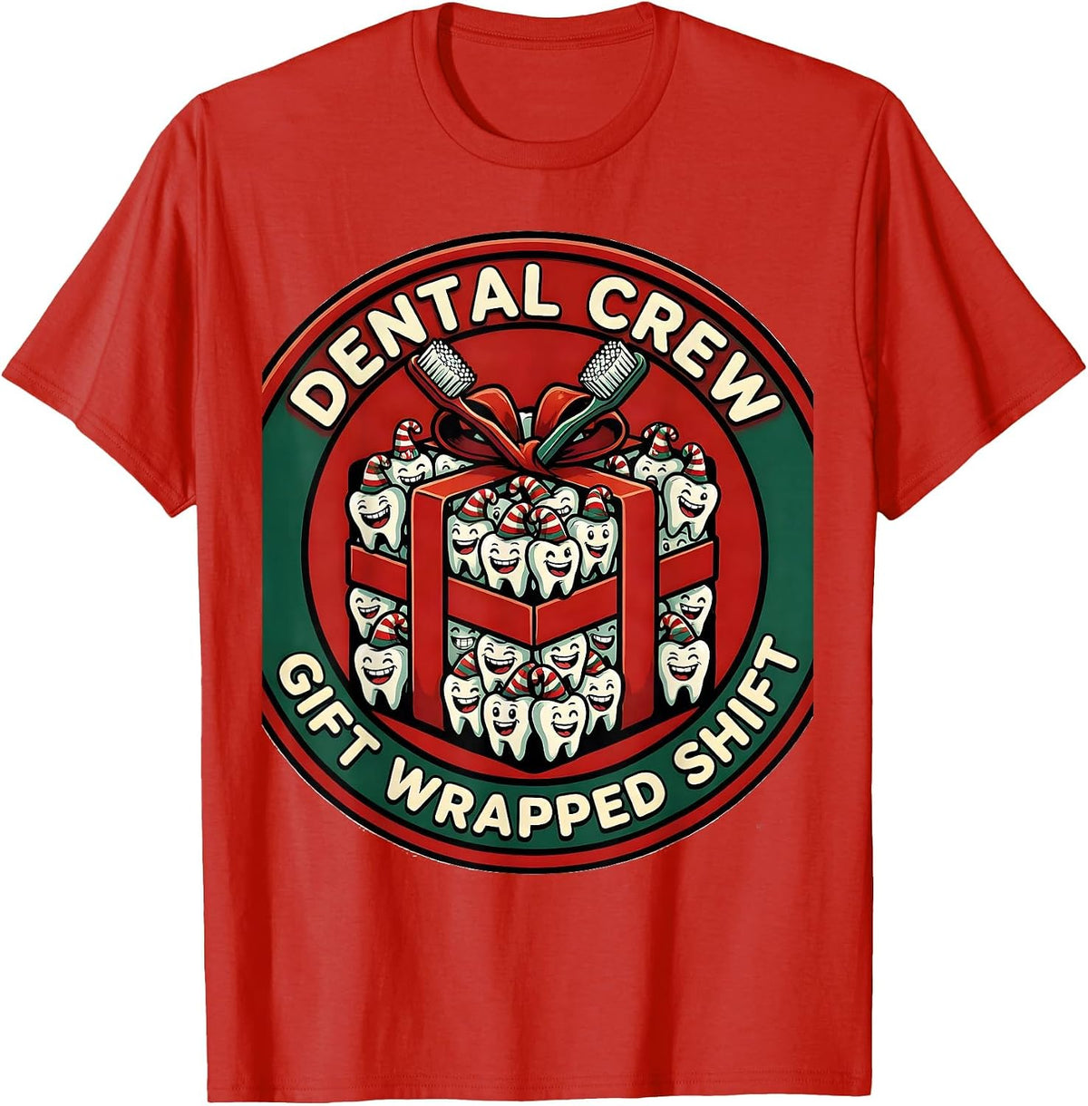 Men's Dental Crew Gift Wrapped Shift Cartoon Dental Team Holiday T-Shirt - Red