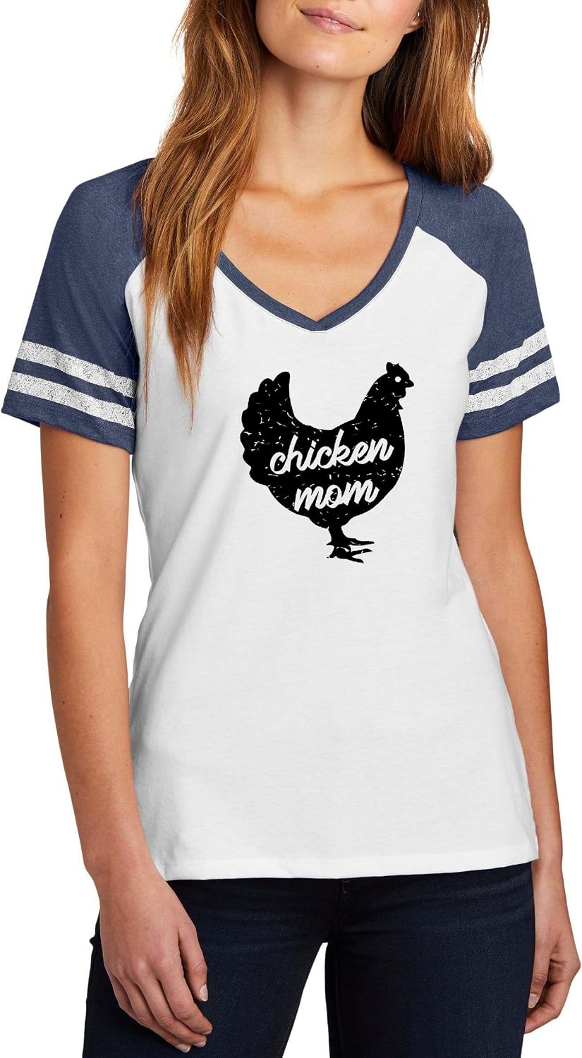 Chicken Mom Funny Farm Animal Graphic Top Ladies Game Day V-Neck Tee - Ladies V-Neck White\/Heathered Navy