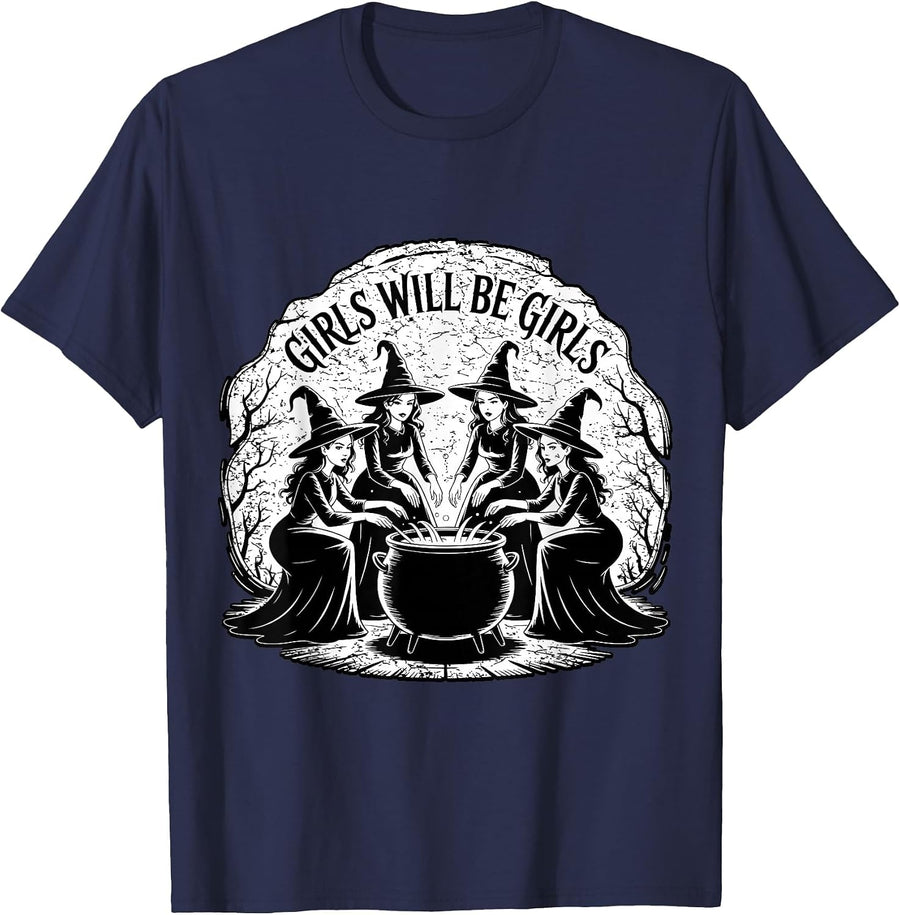 Spooky Season Girls Will Be Girls Witch Vintage Halloween T-Shirt - Navy Blue