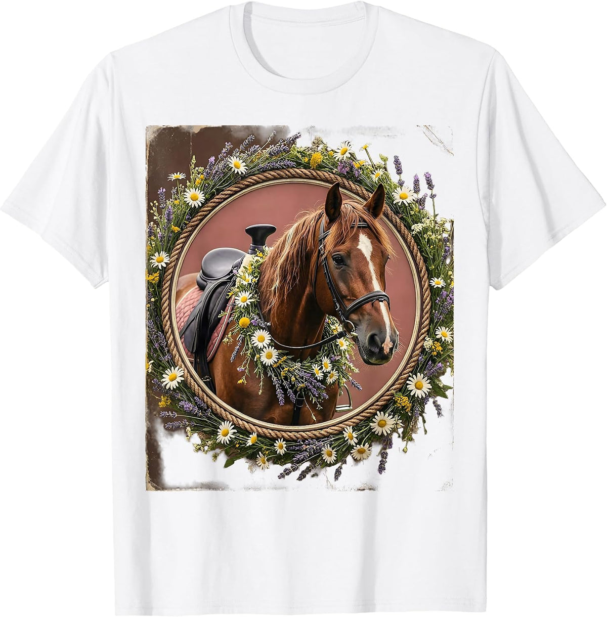 Floral Cowgirl Horse Wildflower Garland Design T-Shirt - White