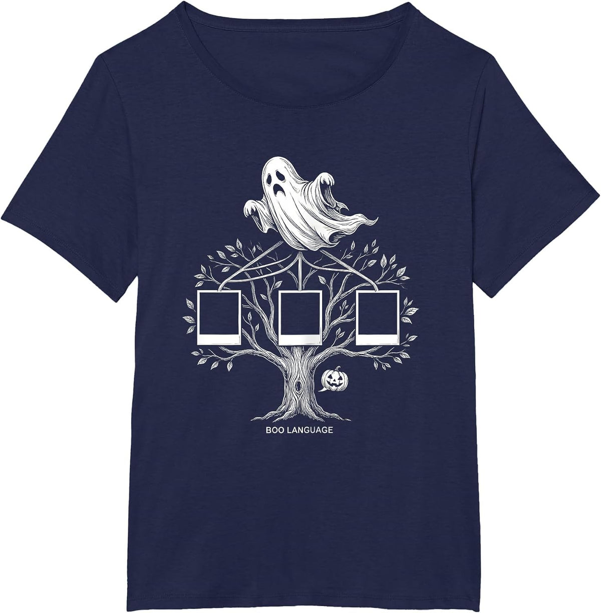 Women's Boo Language Funny Ghost Speech Therapy SLP Halloween T-Shirt - Navy Blue
