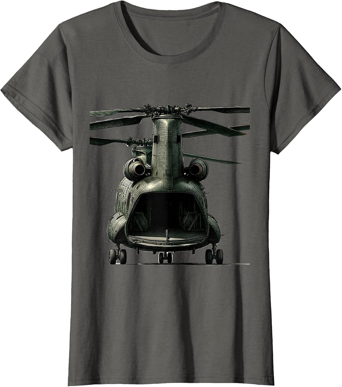 Women's CH-46 Sea Knight Crosshatch Etching Military Helicopter T-Shirt - Asphalt Grey