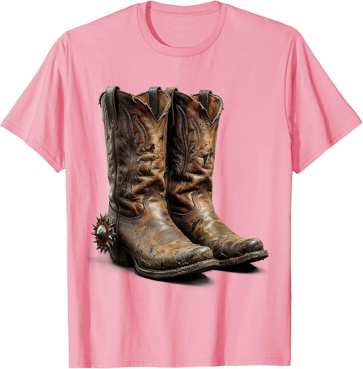 Men's Worn Cowboy Boots With Spurs 90s Country Graphic T-Shirt - Pink