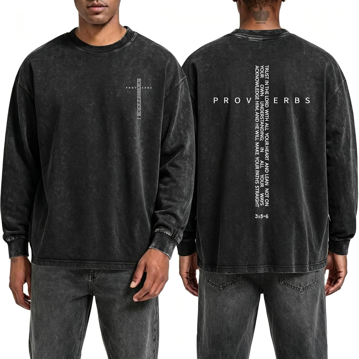 Christian Long Sleeve Shirts for Men Oversized Jesus Faith Shirt Bible Verse Cross Graphic T-Shirts Acid Wash Tshirt - Black