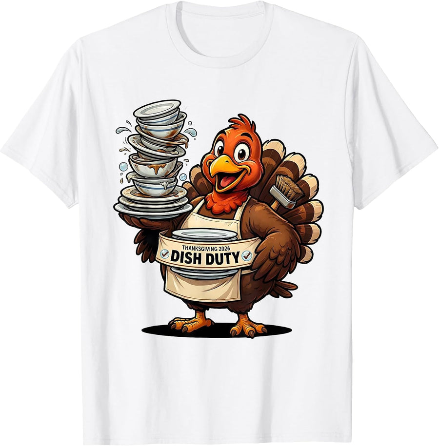 Men's Thanksgiving 2026 Dish Duty Funny Turkey Family Crew T-Shirt - White