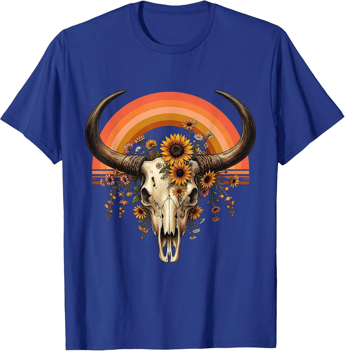 Longhorn Skull Prairie Wildflower Western Design T-Shirt - Royal Blue