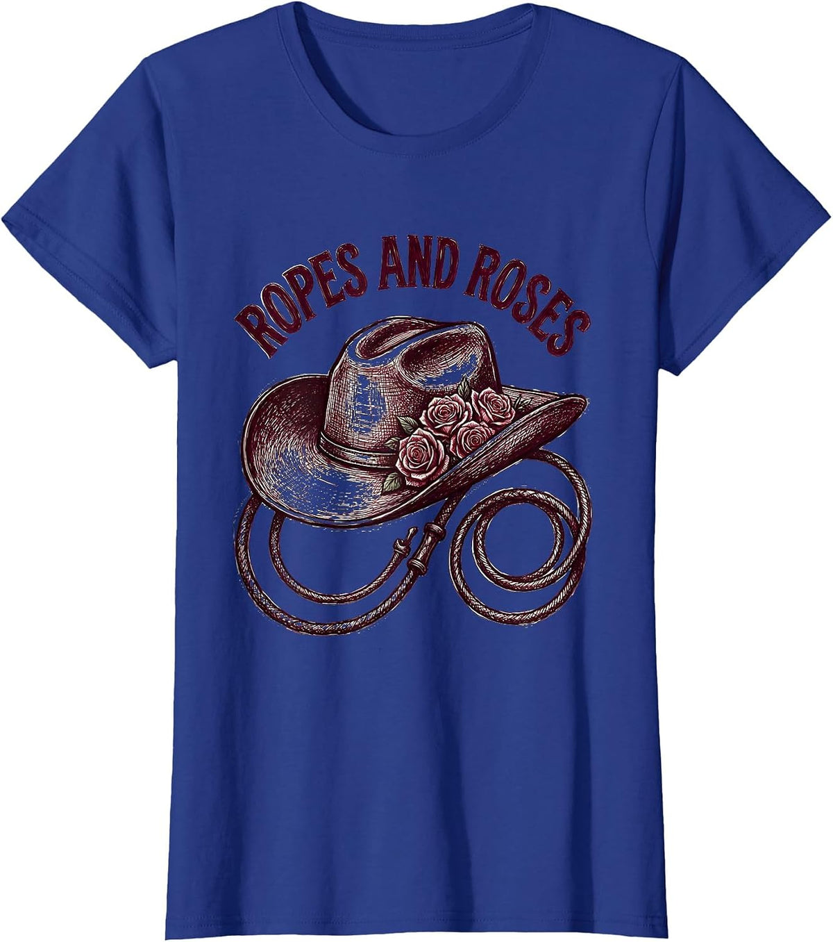 Women's Ropes and Roses Cowgirl Western Design T-Shirt - Royal Blue