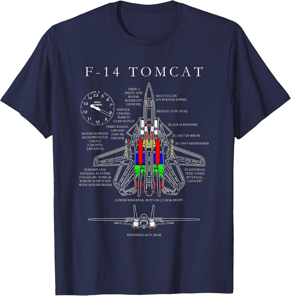 F-14 Tomcat Specs Shirt Tshirt T-Shirt - Navy Blue