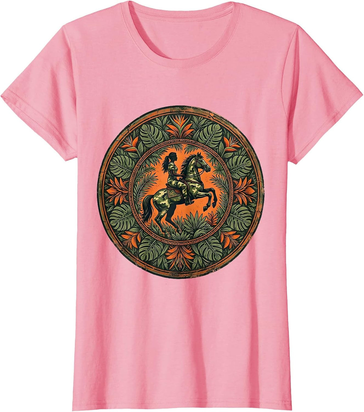 Women's Camo Woman Riding Horse Through Jungle T-Shirt - Pink