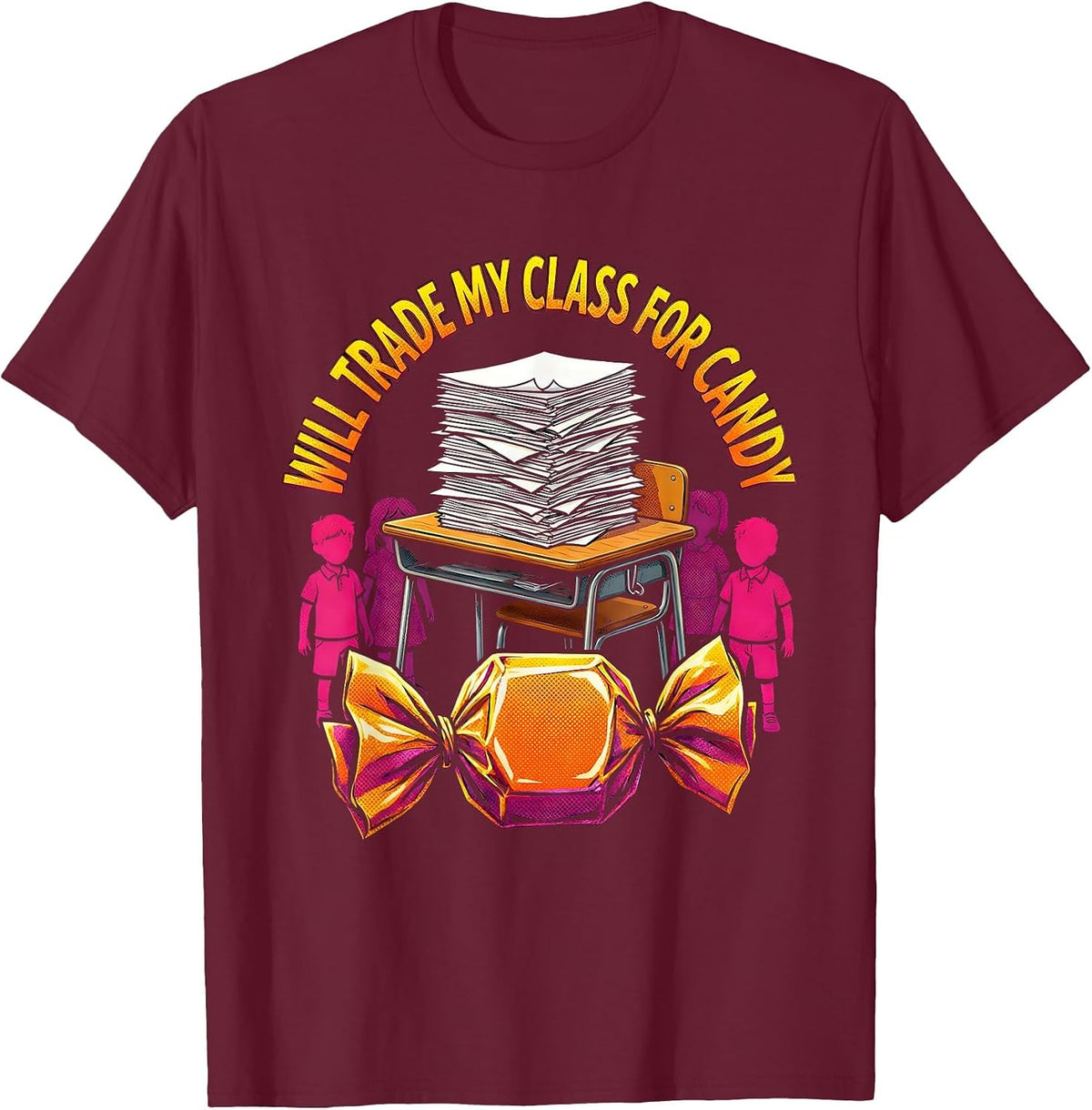 Men's Will Trade My Class For Candy Pop Art Teacher Halloween T-Shirt - Burgundy
