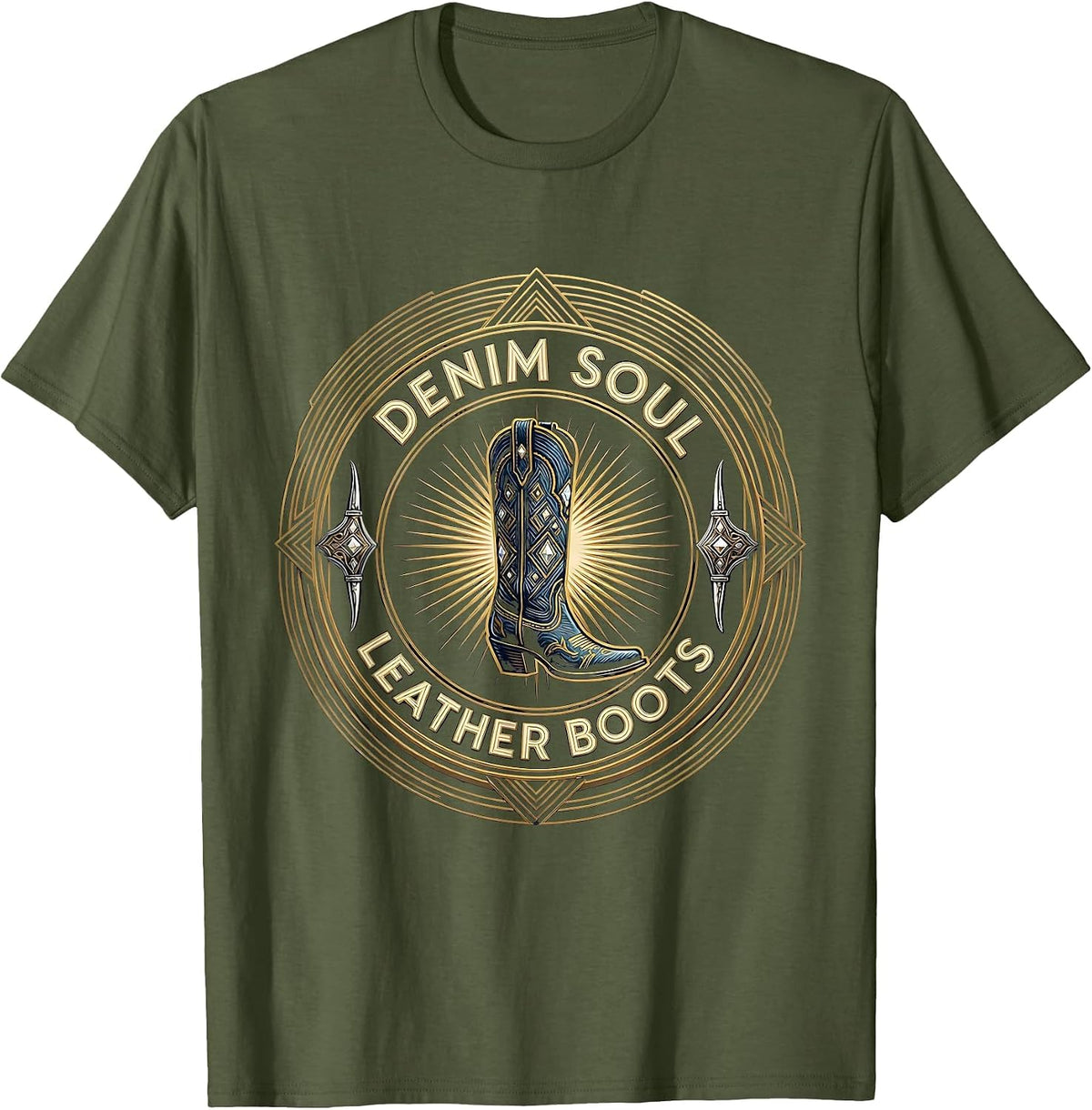 Denim Soul Leather Boots Cowboy Design T-Shirt - Olive Green