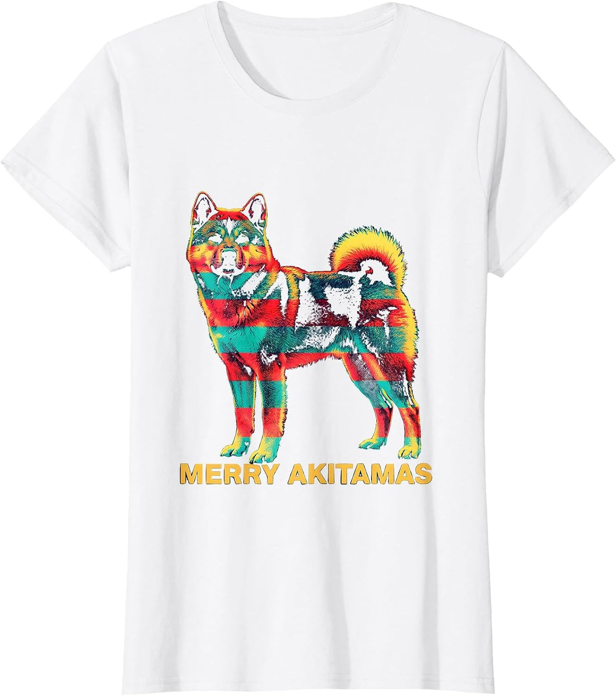Women's Merry Akitamas Risograph Christmas Dog Breed Lover Novelty T-Shirt - White