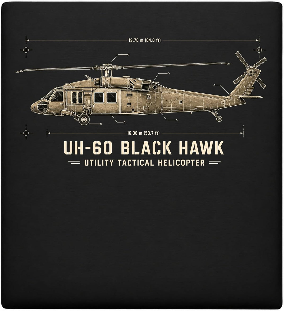 UH-60 Black Hawk Utility Helicopter Blueprint Aviation T-Shirt - Black