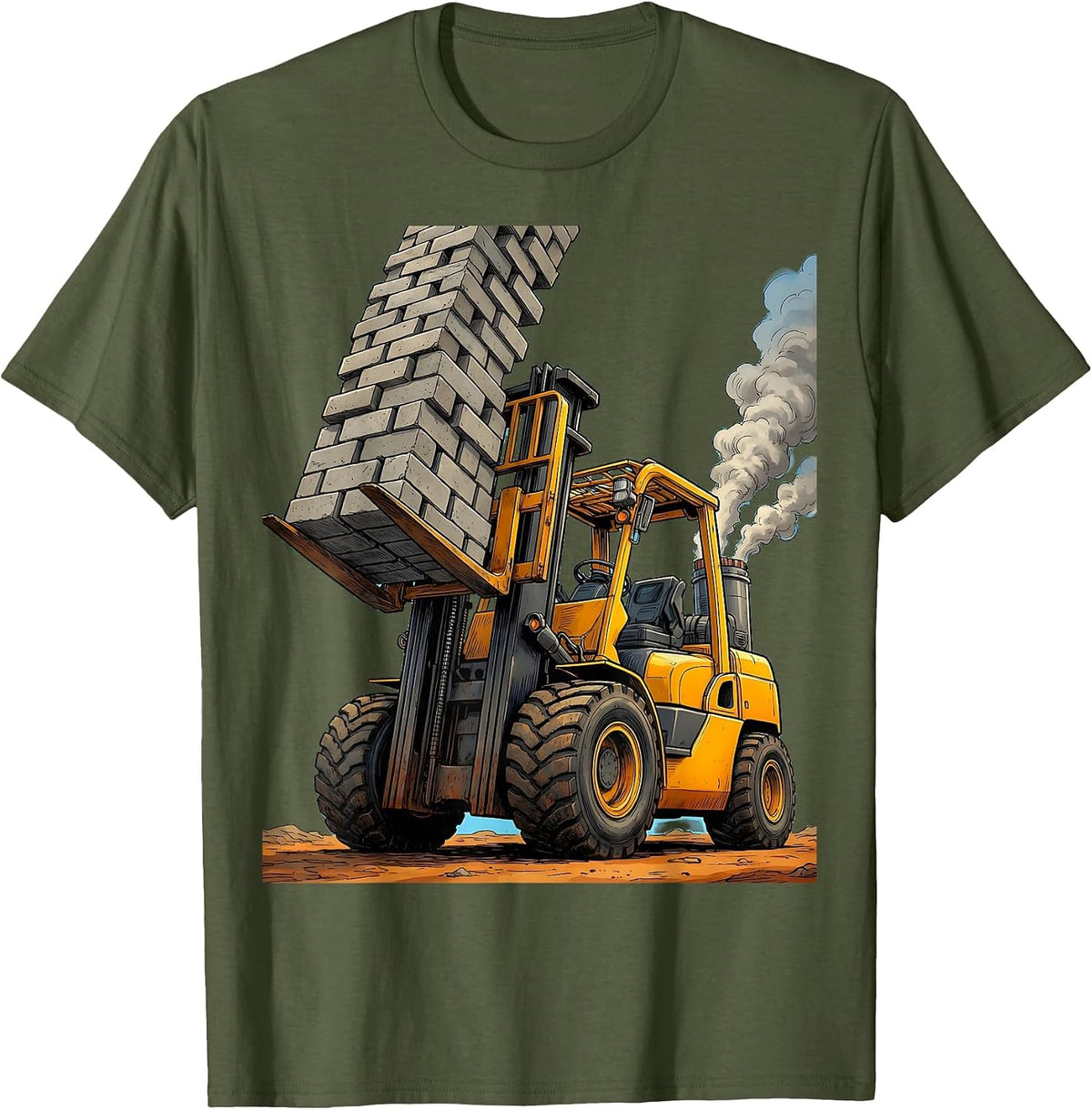 Forklift Lifting Giant Stack of Cinderblocks T-Shirt - Olive Green