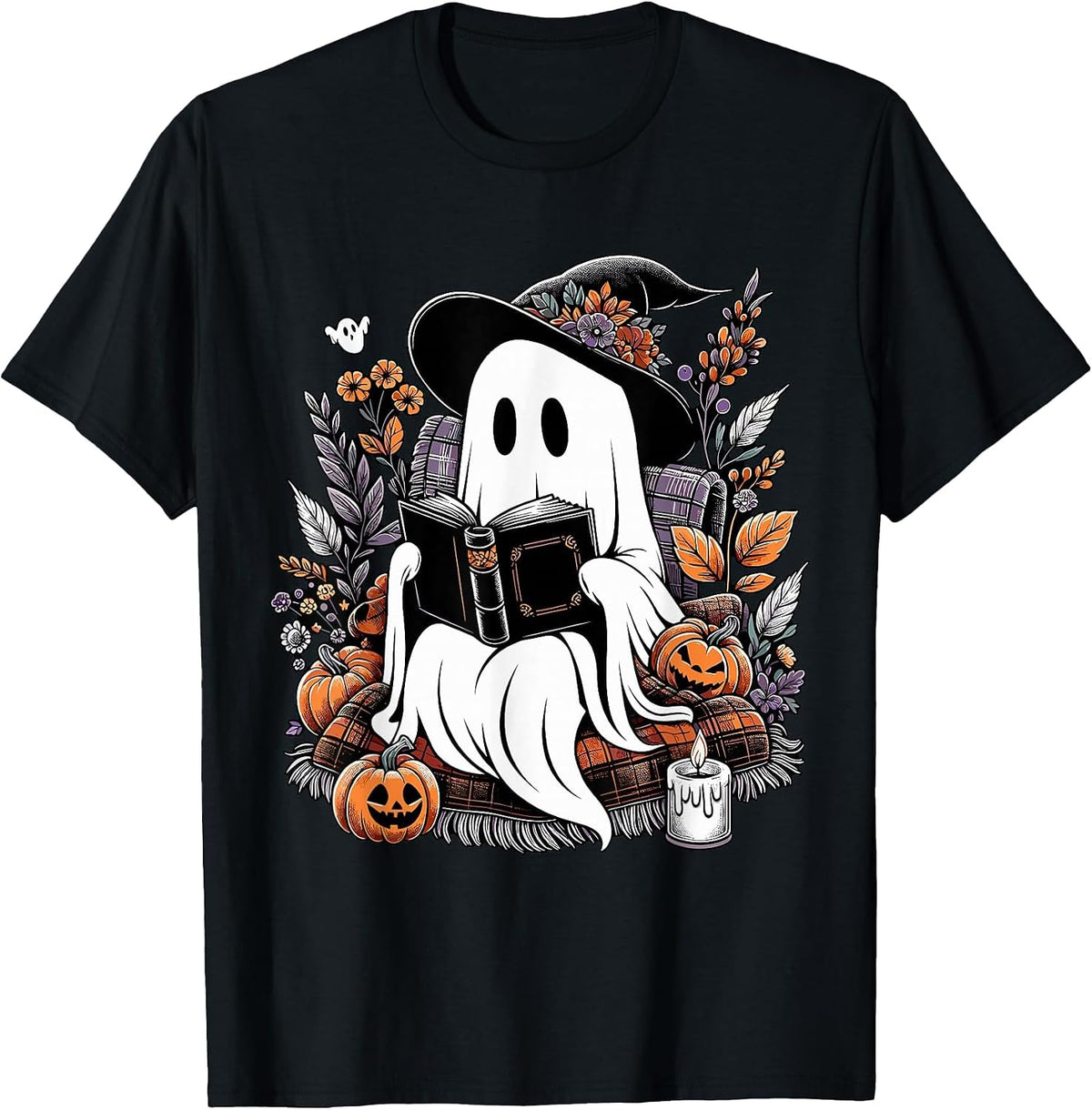 Ghost Reading Books Pumpkin Halloween T-Shirt - Black