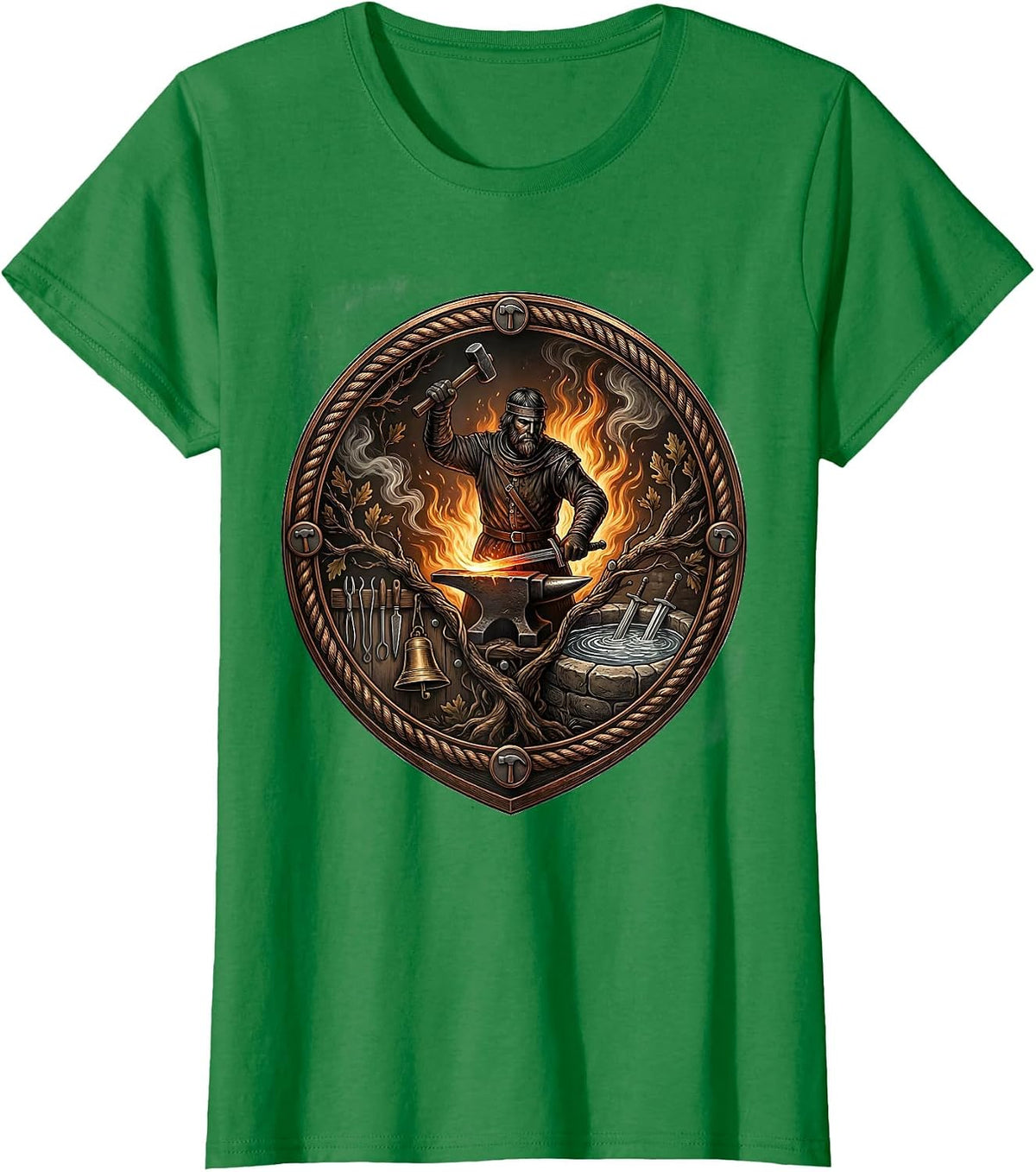 Women's Medieval Blacksmith Forging Sword at the Forge T-Shirt - Kelly Green