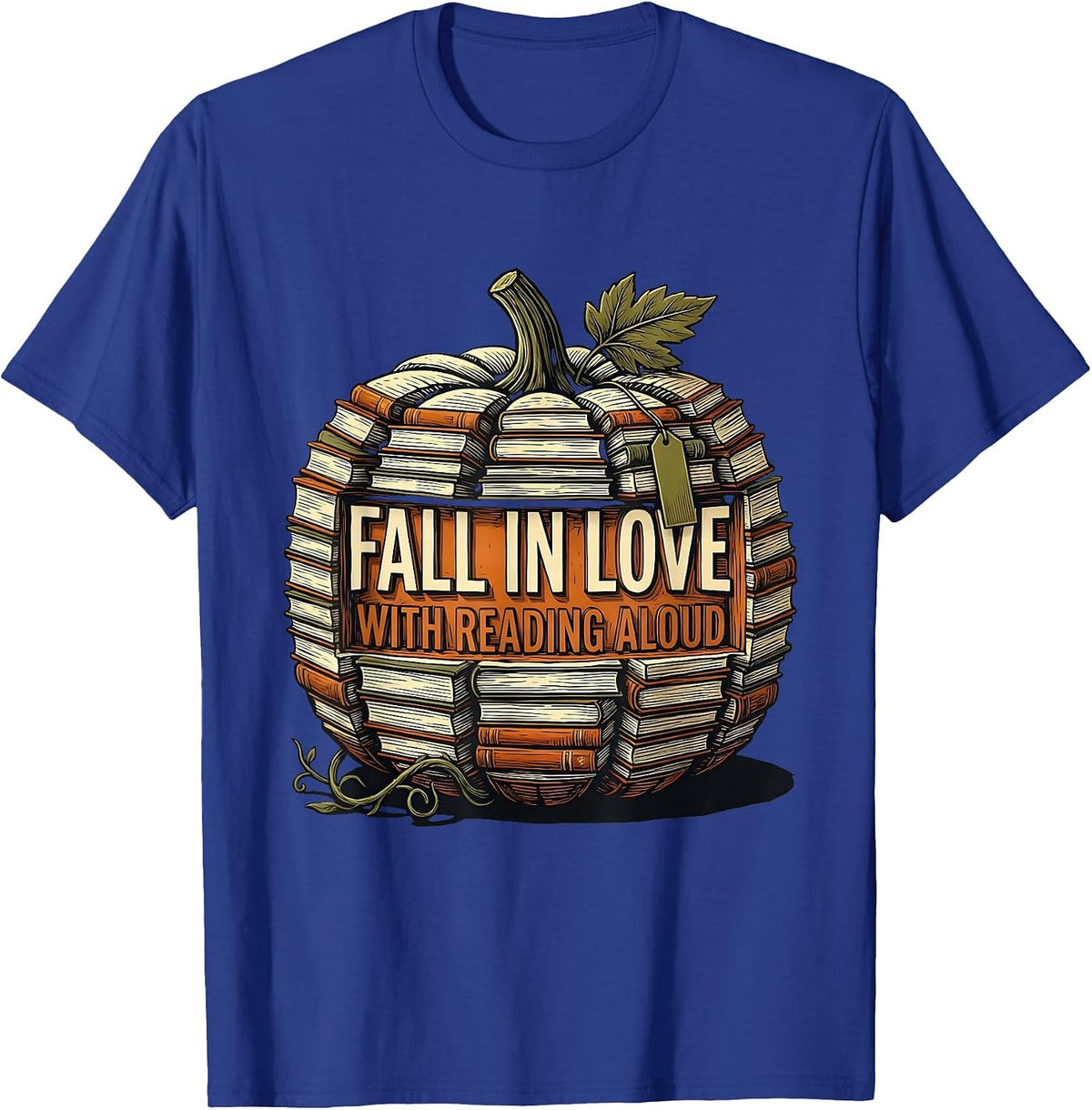 Fall In Love With Reading Aloud Linocut Pumpkin Teacher T-Shirt - Royal Blue