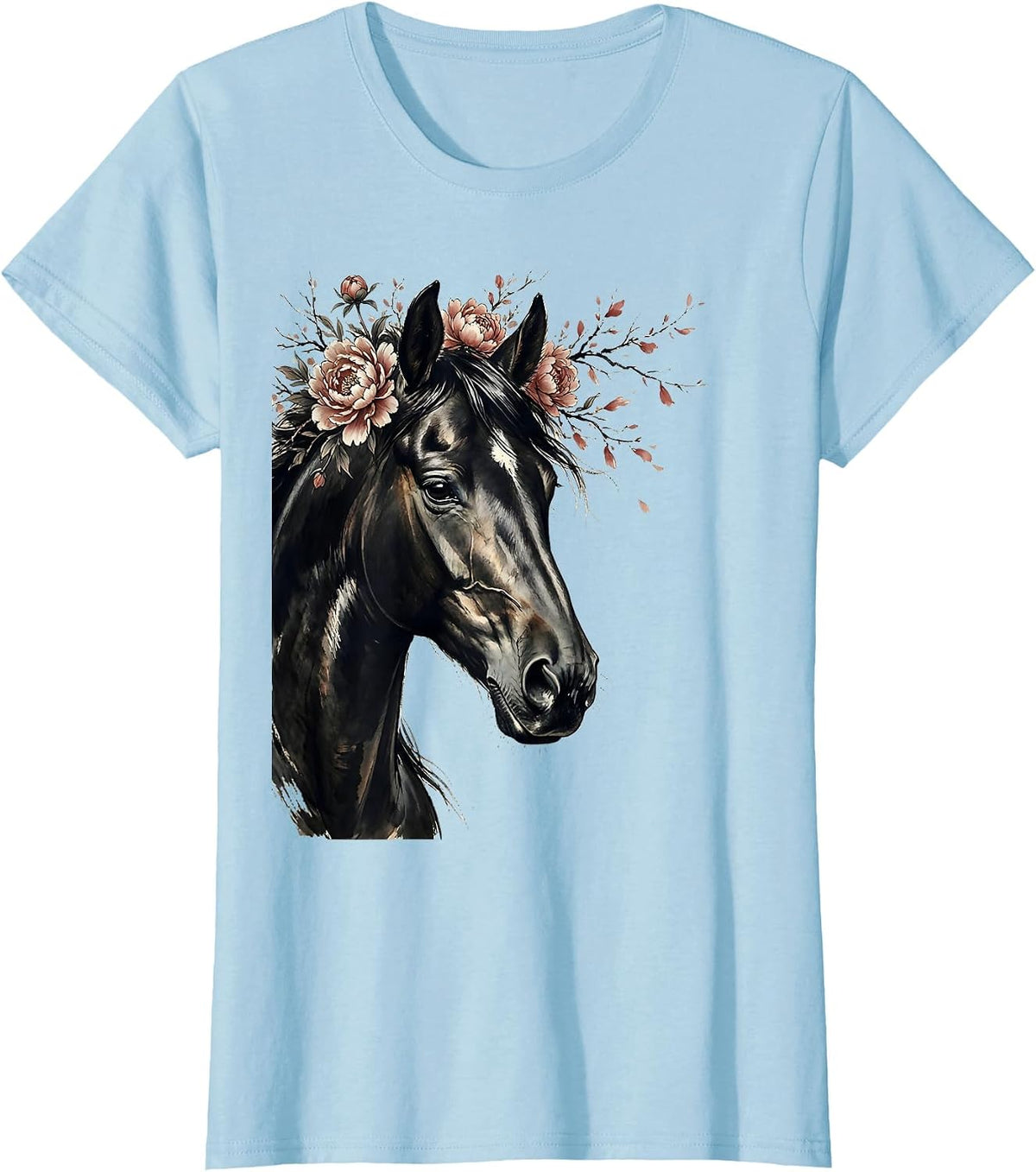 Horse Head Portrait with Floral Crown Illustration T-Shirt - Baby Blue