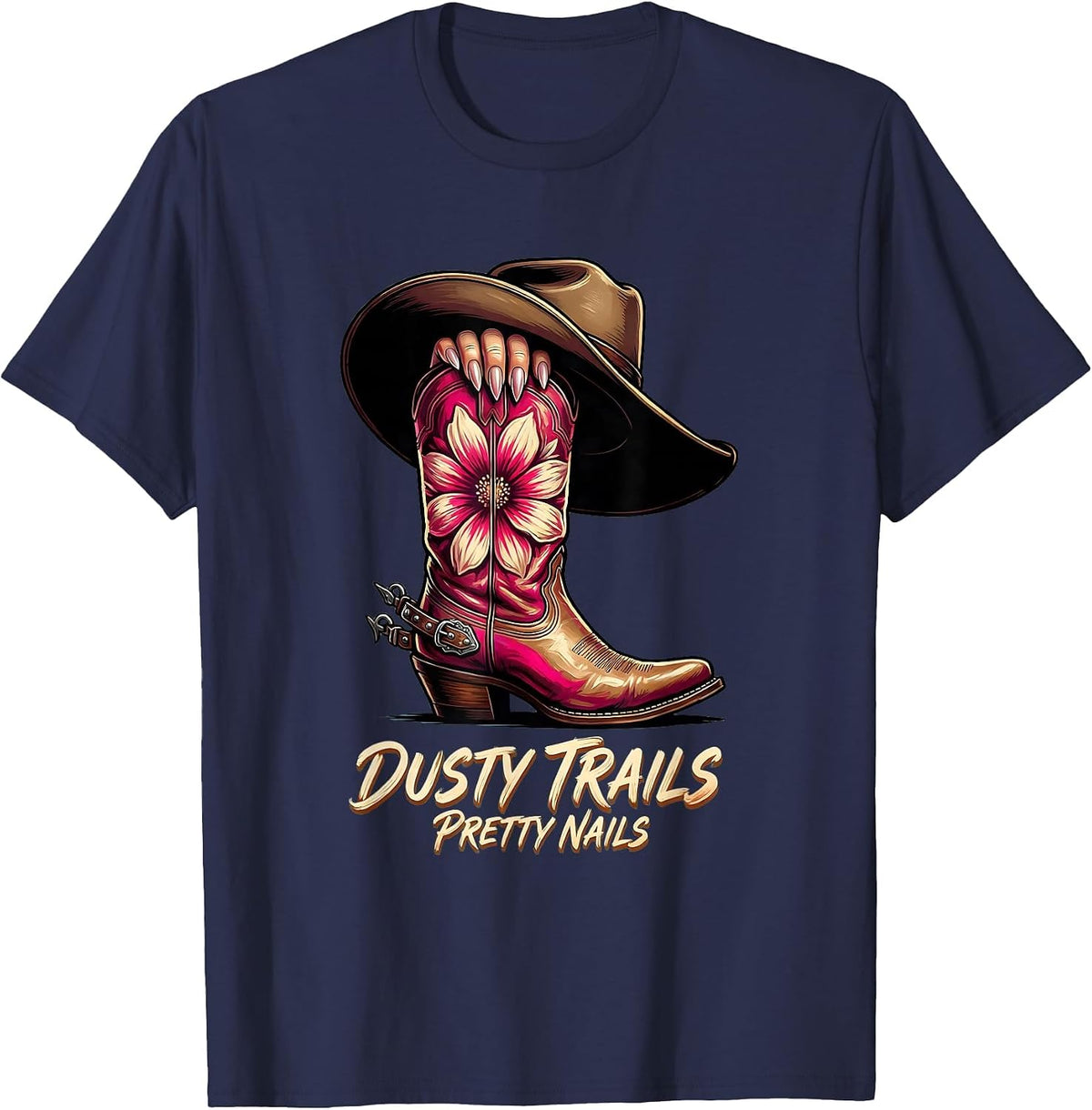 Dusty Trails Pretty Nails Pink Cowgirl Design T-Shirt - Navy Blue