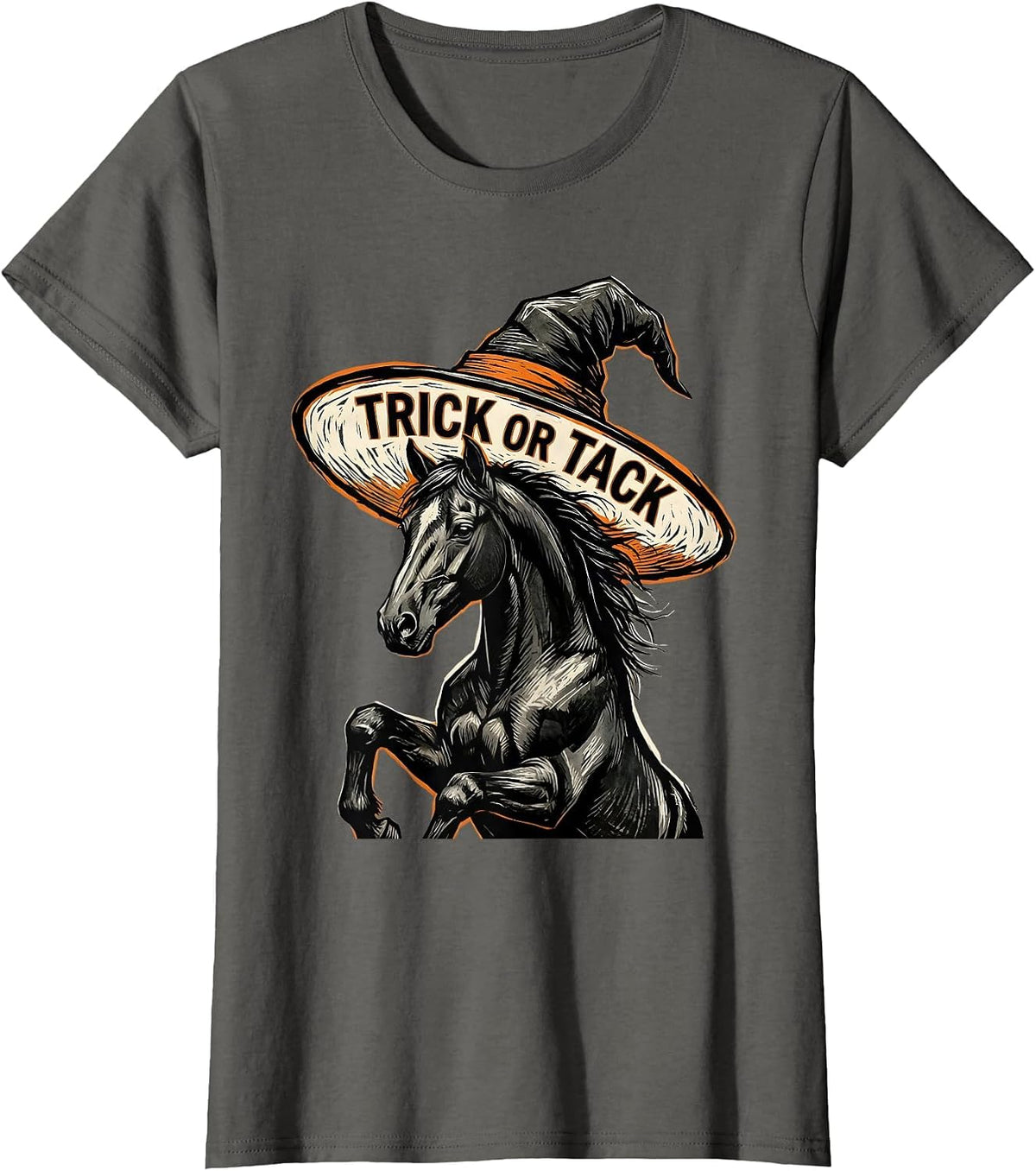 Women's Trick or Tack Linocut Whimsical Halloween Horse Lover Gift T-Shirt - Asphalt Grey