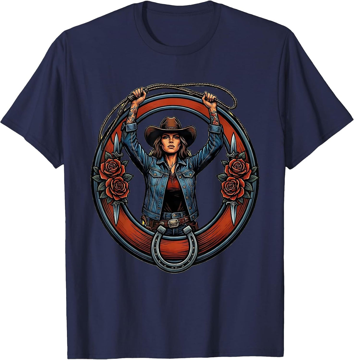 Denim Cowgirl Lasso Twirl Western Graphic Design T-Shirt - Navy Blue