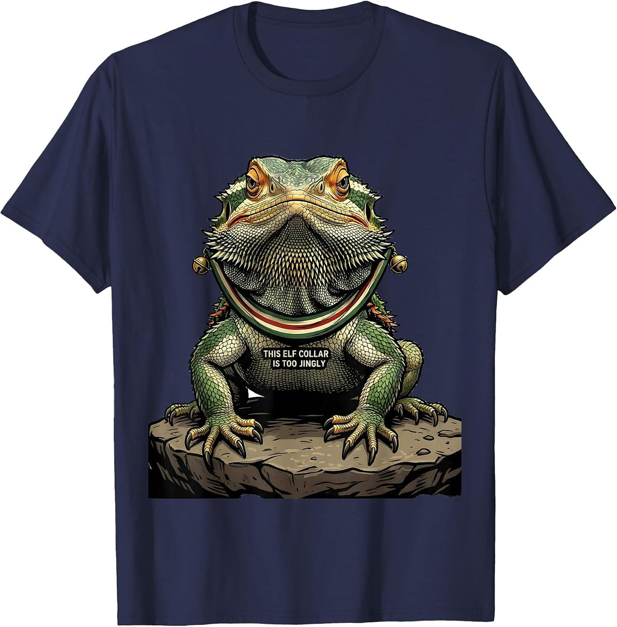 Men's This Elf Collar Is Too Jingly Funny Bearded Dragon Christmas T-Shirt - Navy Blue