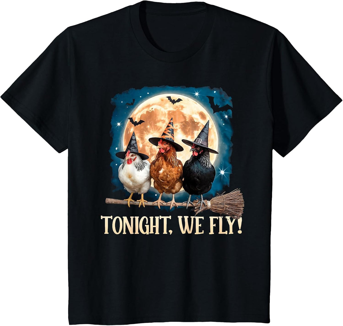 Tonight We Fly Moon Bat Funny Spooky Chicken Witch Halloween T-Shirt - Black