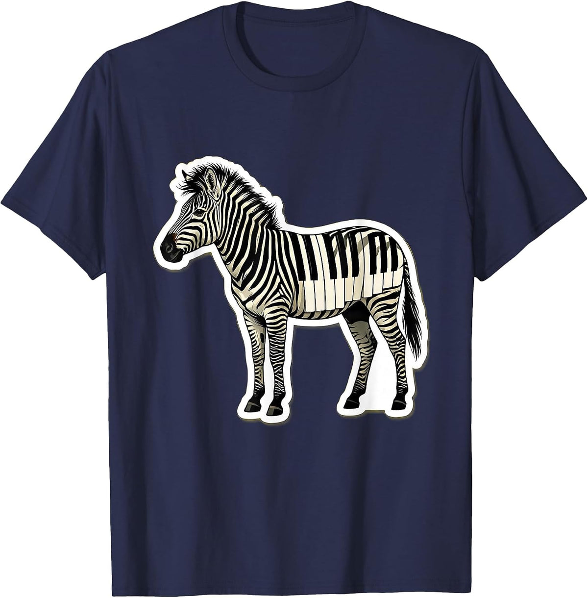 Zebra Piano Keys Music Morph Graphic Tee T-Shirt - Navy Blue