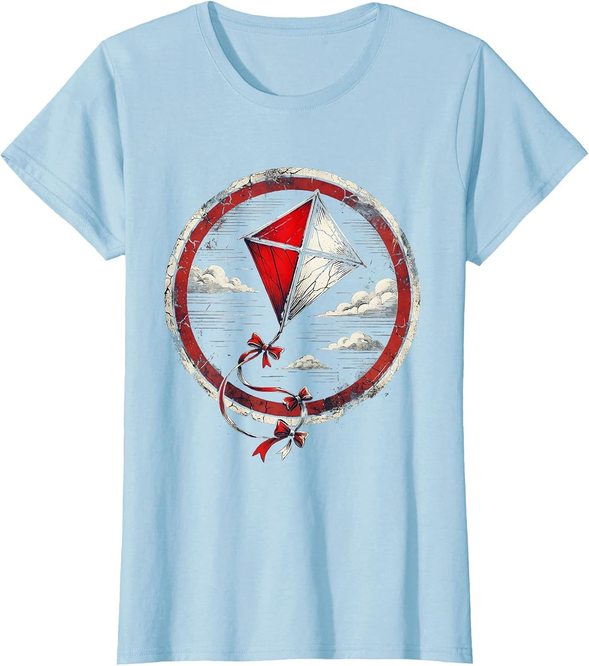 Women's Red White and Blue Kite in Summer Sky T-Shirt - Baby Blue
