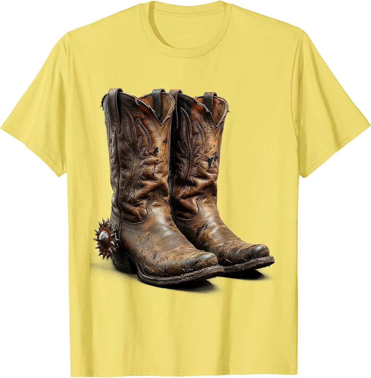 Men's Worn Cowboy Boots With Spurs 90s Country Graphic T-Shirt - Lemon Yellow