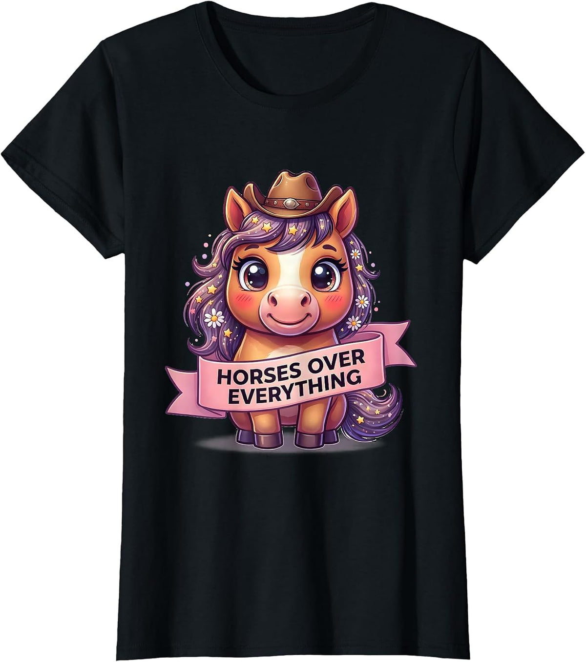 Horses Over Everything Cowgirl Design T-Shirt - Black