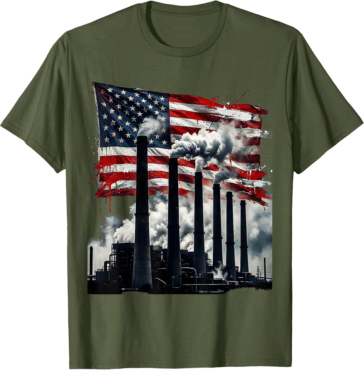 American Industrial Pride Smokestack Flag Graphic T-Shirt - Olive Green