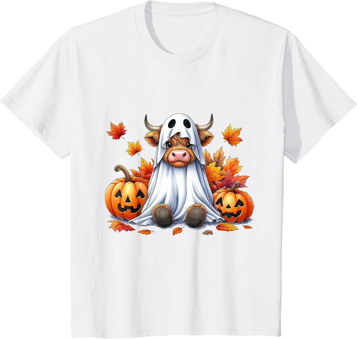 Funny Halloween Highland Cow Ghost Spooky Pumpkin Hello Fall T-Shirt - White