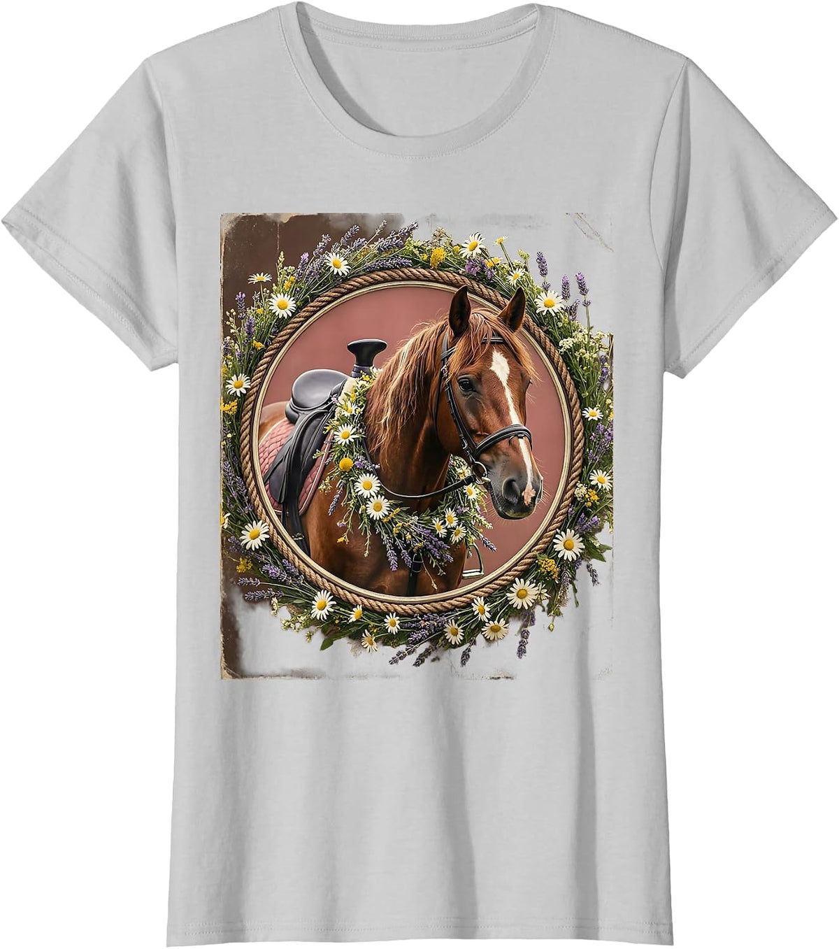 Floral Cowgirl Horse Wildflower Garland Design T-Shirt - Silver Grey