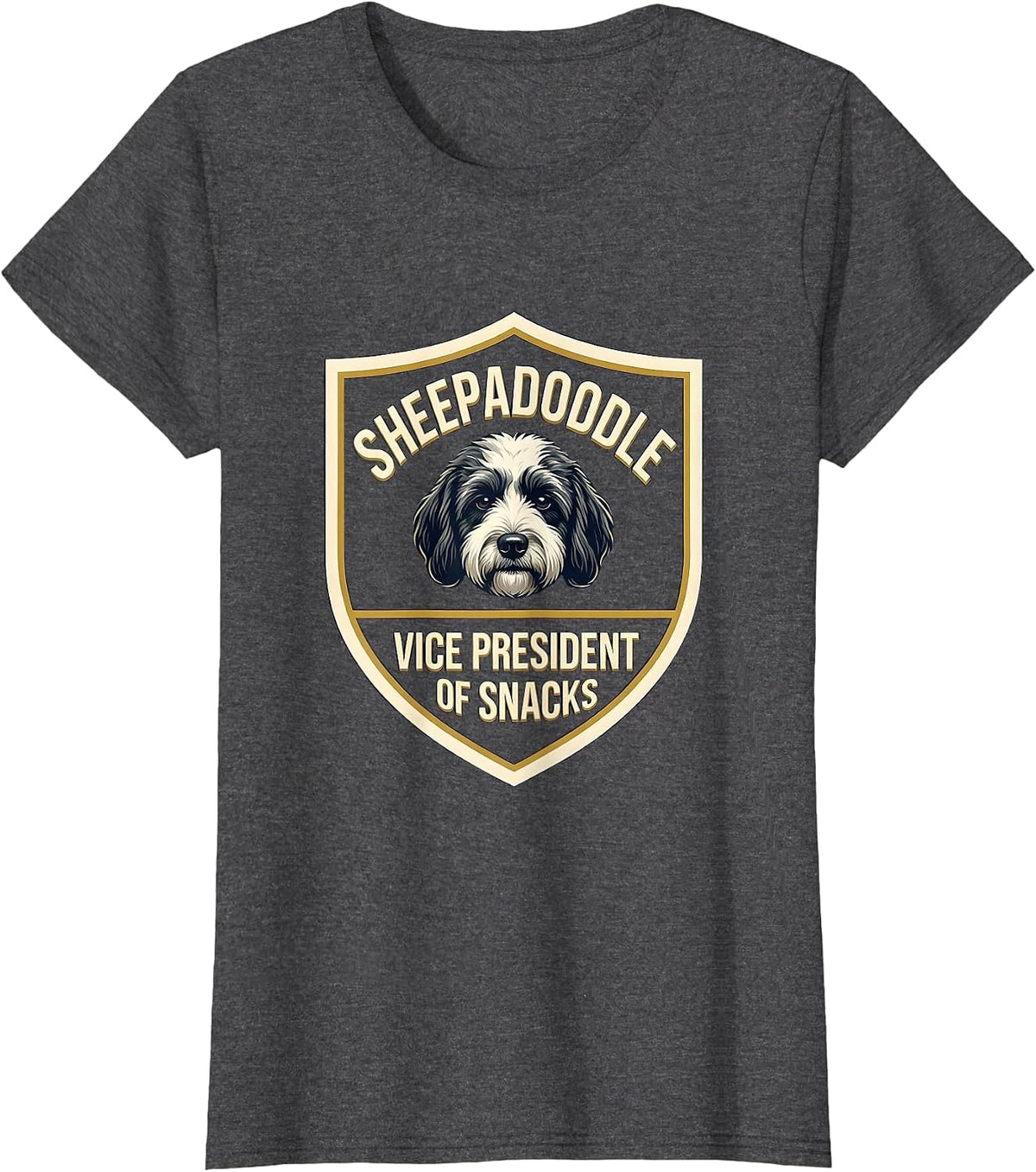 Women's Sheepadoodle Vice President Of Snacks Funny Dog Mom Doodle T-Shirt - Dark Heather Grey
