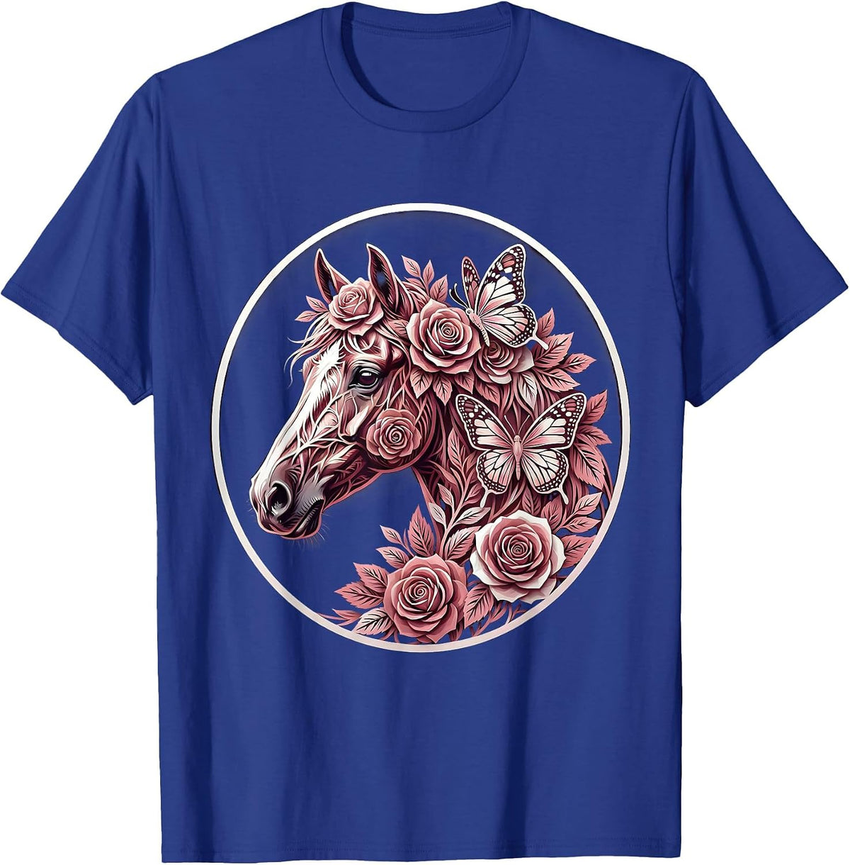 Horse Head Floral Crown Butterfly Illustration T-Shirt - Royal Blue