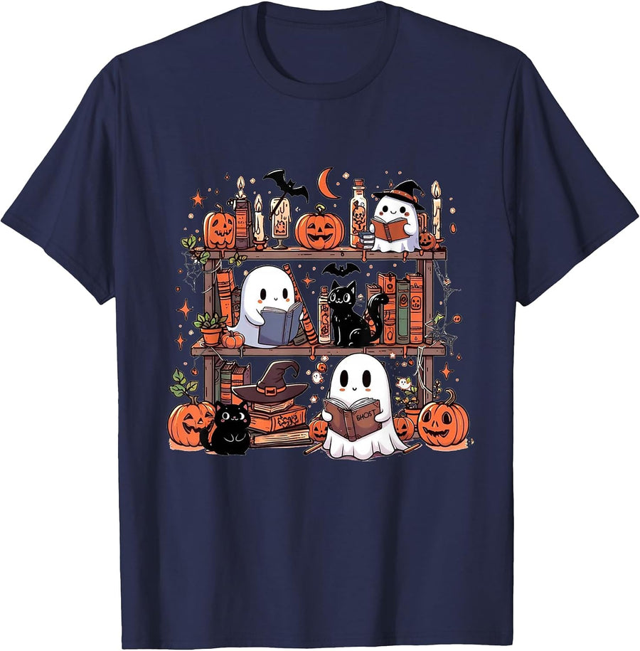 Vintage Bookish Ghost Cute Halloween Reading Romance Spooky T-Shirt - Navy Blue