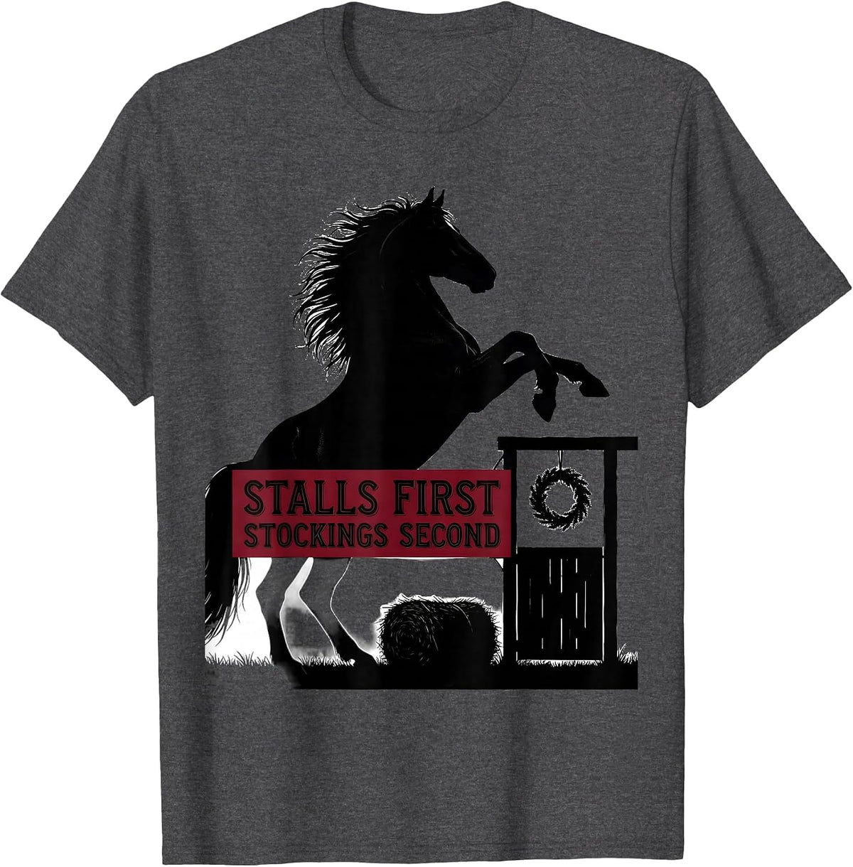 Men's Stalls First Stockings Second Horse Lover Christmas Pajama T-Shirt - Dark Heather Grey