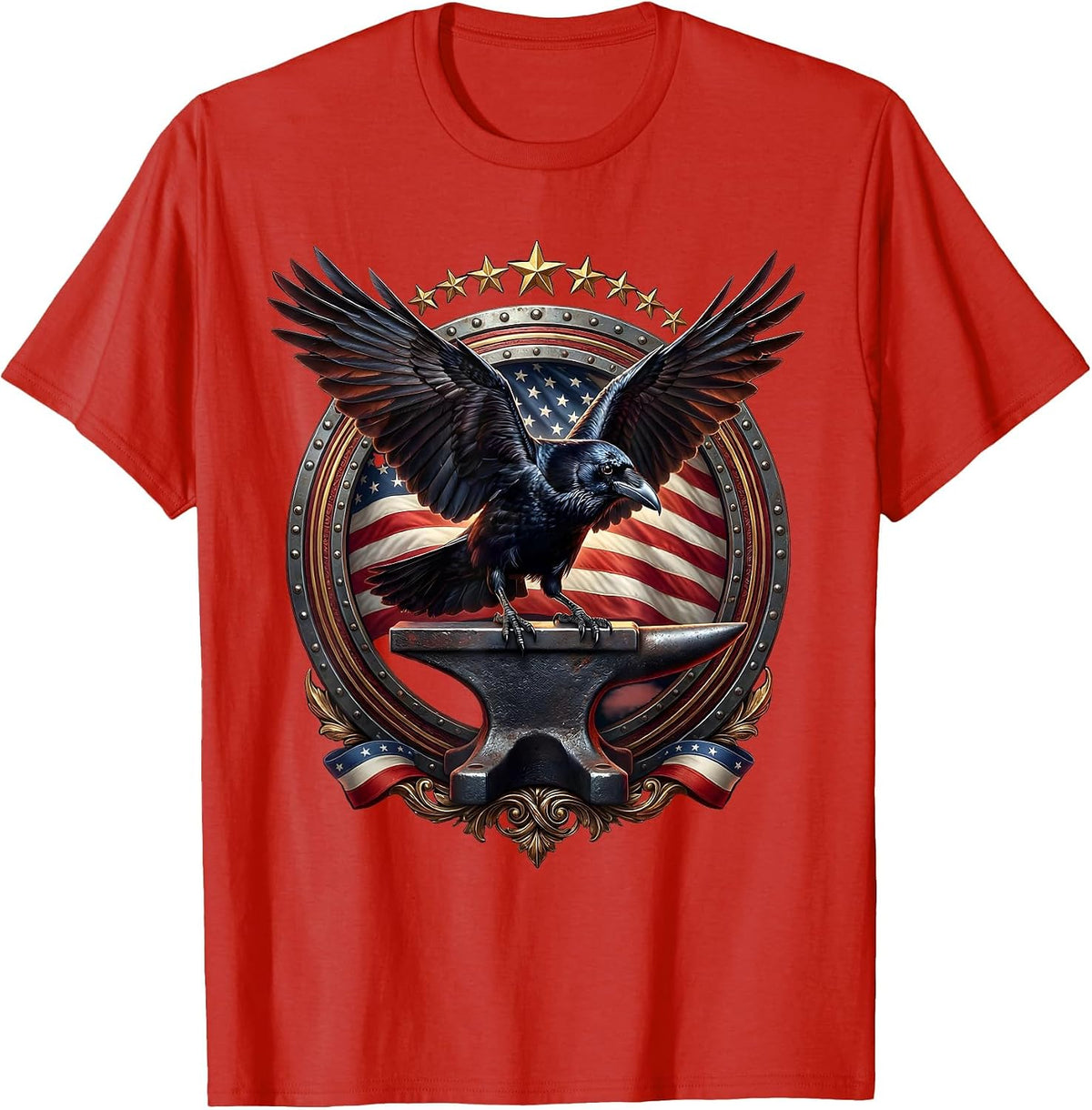 Men's Crow Landing on Anvil Blacksmith Graphic Tee T-Shirt - Red