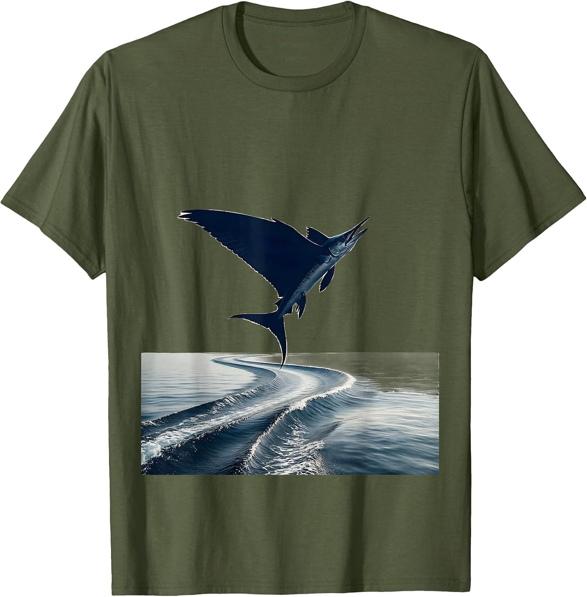 Flying Fish Leaping Over Cruise Ship Wake T-Shirt - Olive Green