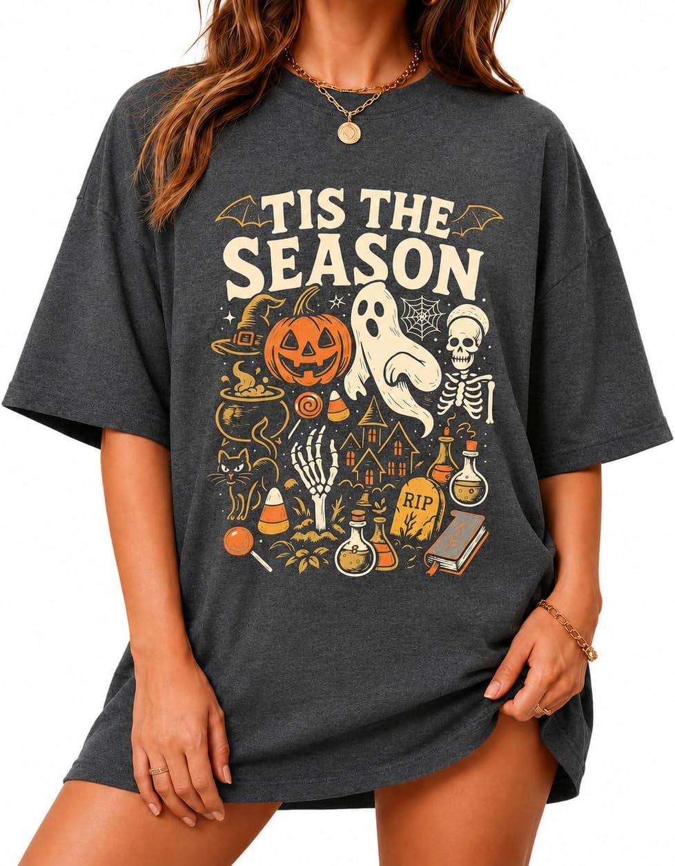 Women’s Halloween Shirt Spooky Graphic Tee Pumpkin Ghost Fall Oversized Top - Gray