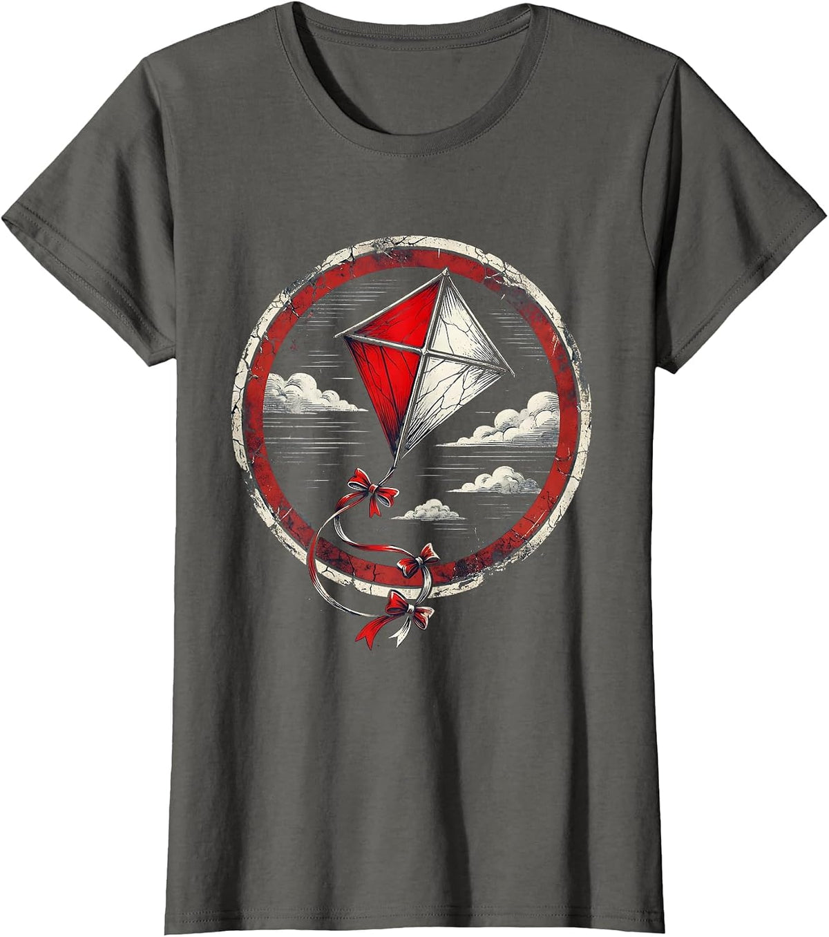 Women's Red White and Blue Kite in Summer Sky T-Shirt - Asphalt Grey