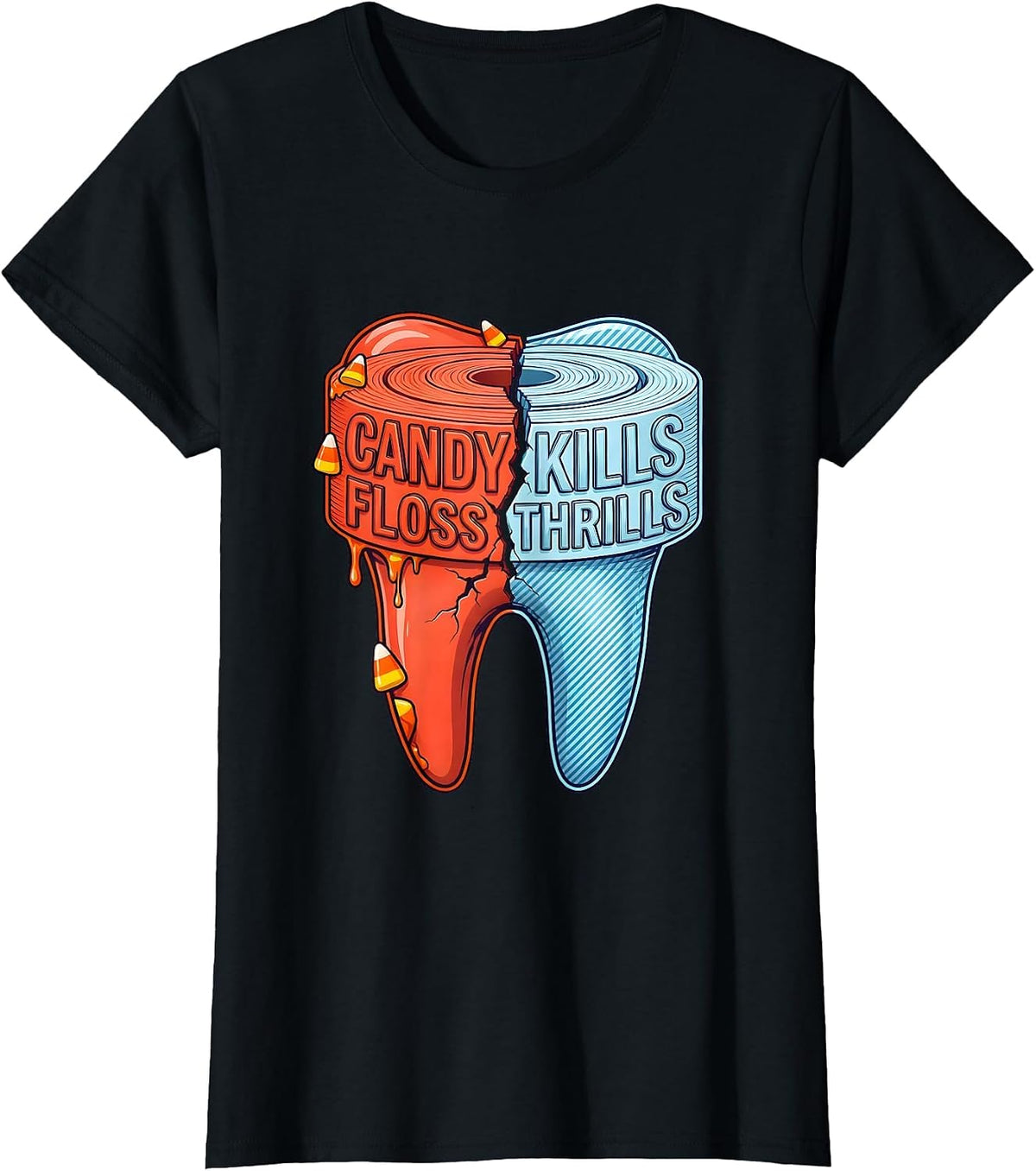 Halloween Dental Candy Kills Floss Thrills Design T-Shirt - Black