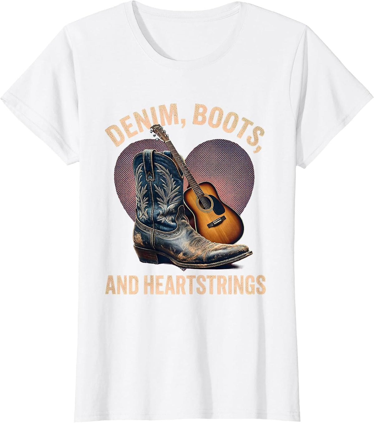 Denim Boots and Heartstrings Country Music Design T-Shirt - White