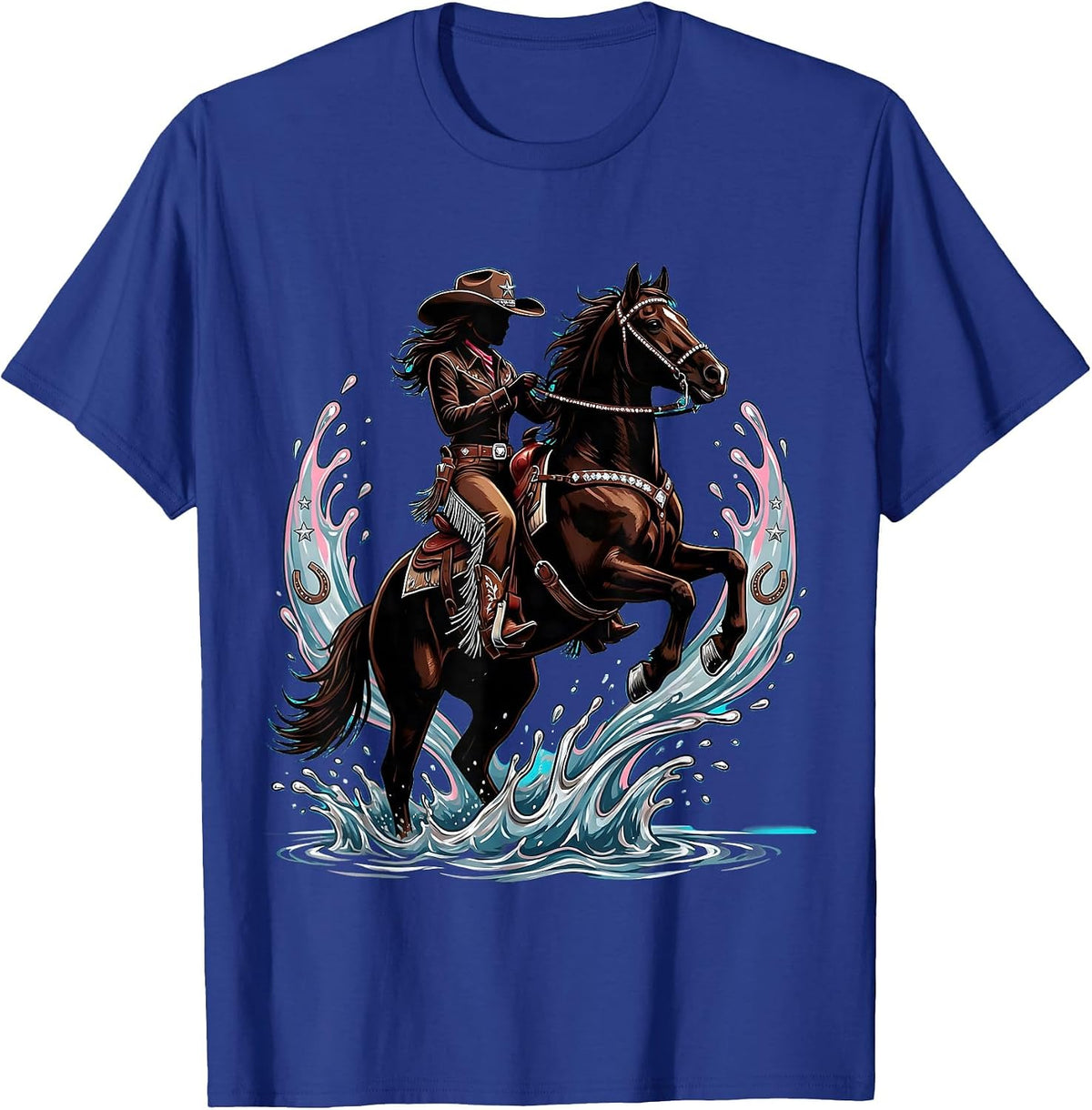 Cowgirl Riding Horse Through Splashing River T-Shirt - Royal Blue