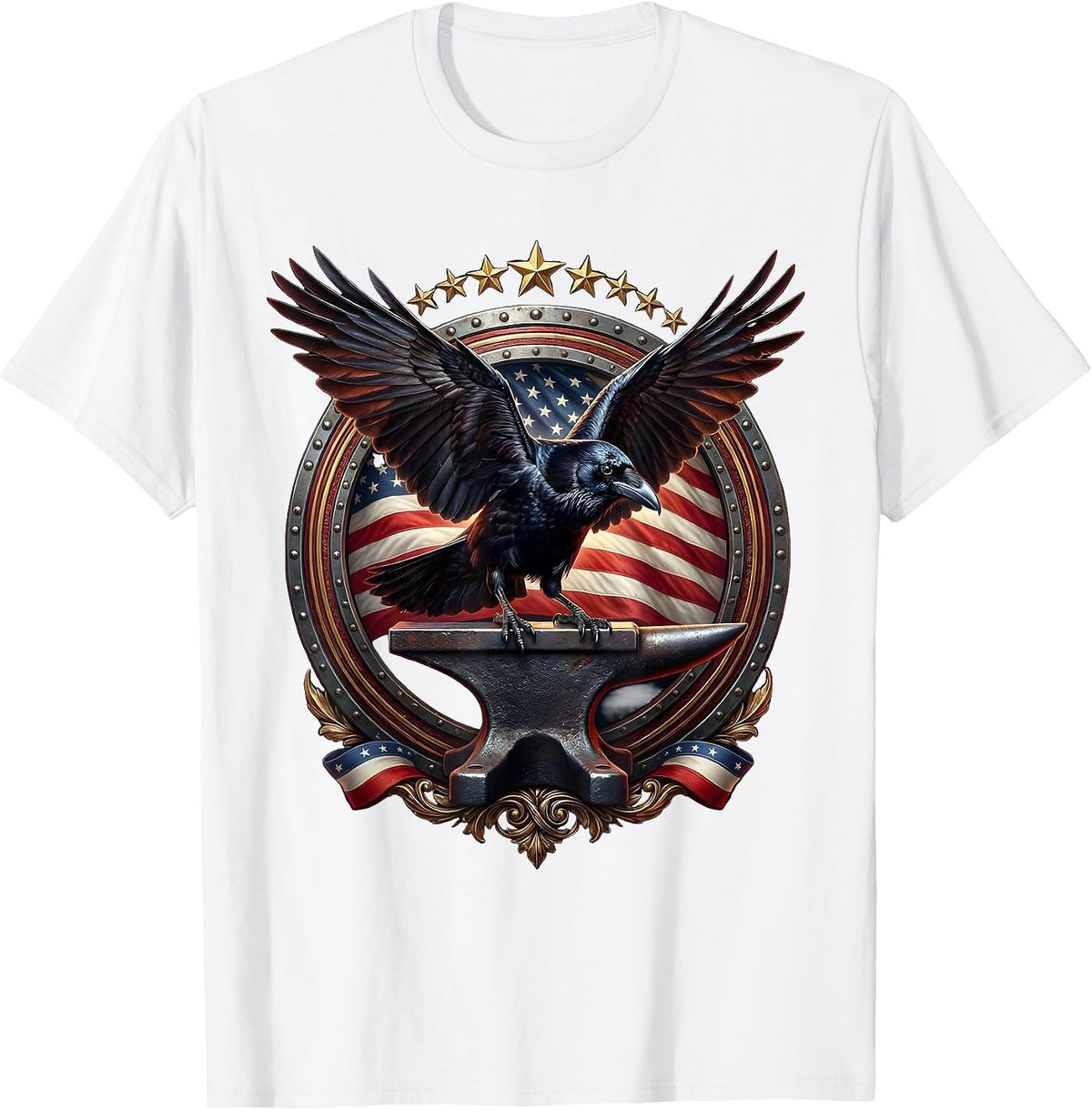 Men's Crow Landing on Anvil Blacksmith Graphic Tee T-Shirt - White