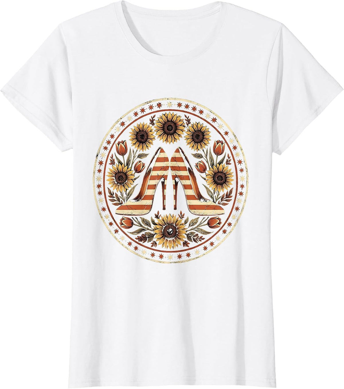 Women's Patriotic High Heels Flag Stripes Graphic T-Shirt - White